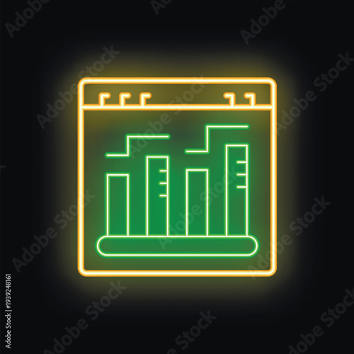Glowing neon sign of a calendar showing an upward trend in green and orange on a black background