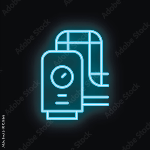 Blue neon icon of a gas water heater glowing on a dark background