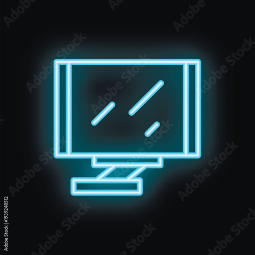 Blue neon sign depicting a computer monitor glowing on a black background