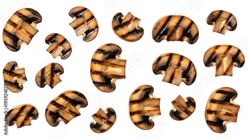 Delicious Grilled Mushroom Slices Falling On White Background