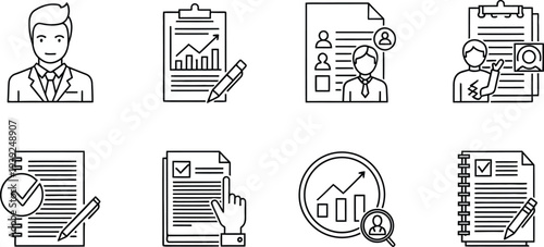 A collection of eight black and white line drawings of business documents and a person
