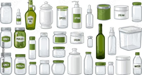 Isolated a realistic kinds of deferent Jars, containers, bottles, white, clear, green vector art with white background..