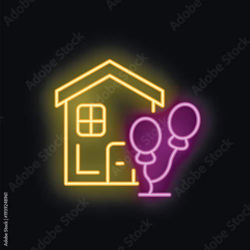 Neon sign of an abstract house with balloons glowing in yellow and purple