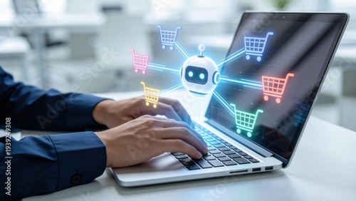 Person using laptop with artificial intelligence chatbot and colorful shopping cart icons,ecommerce automation concept for smart retail marketing and online sales growth
