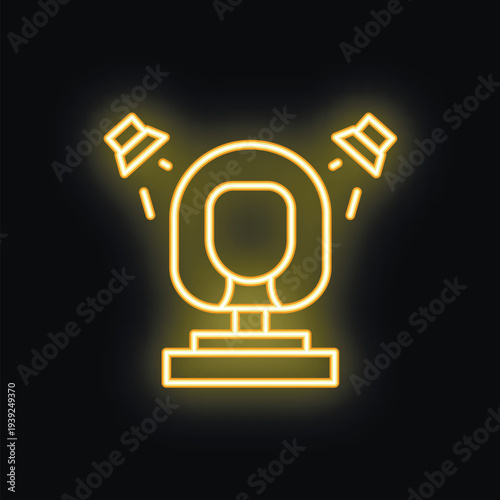 Neon icon of a bust sculpture on a pedestal, being illuminated by two spotlights