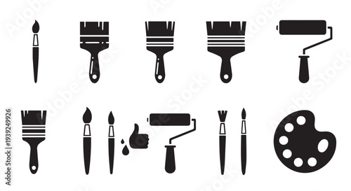 Paint Tools Icon Set, Paint Brush Roller and Palette Black Glyph Icons