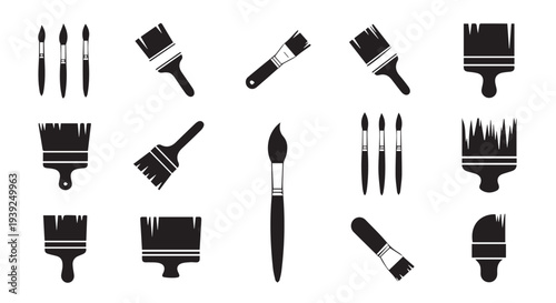 Paint Tools Icon Set, Paint Brush Roller and Palette Black Glyph Icons