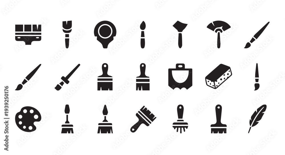 Fototapeta premium Paint Tools Icon Set, Paint Brush Roller and Palette Black Glyph Icons