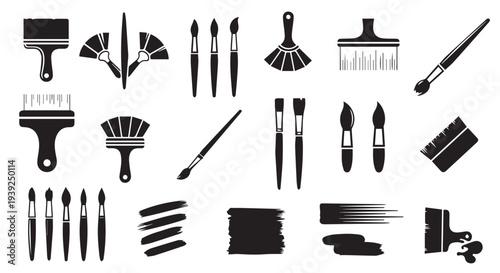Paint Tools Icon Set, Paint Brush Roller and Palette Black Glyph Icons