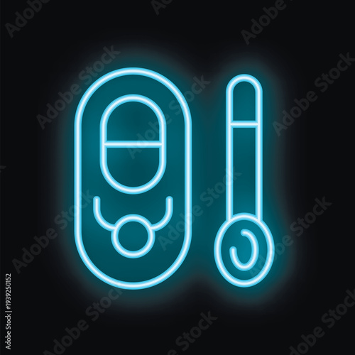 Blue neon icon of a baby monitor with antenna and thermometer, representing baby care and well being