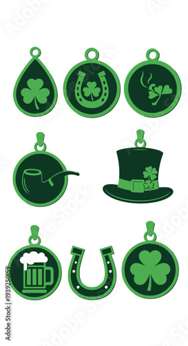 St Patrick's Day Charms Celebration: Festive Leprechaun Accessories for Irish Holiday Craft Projects, Shamrock Emblems and Horseshoe Luck, Celtic Ornament Details, Dark Green Design for Celebration, E