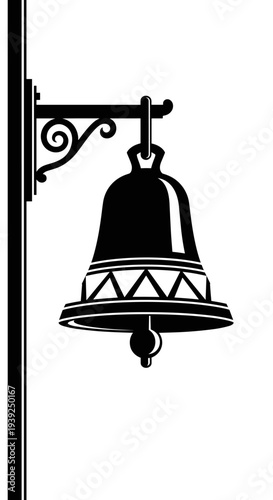 Vintage Bell Hanging on Wrought Iron Post: Antique Signal Sounding in Black and White Engraving Style on Outdoor Decor, Signage, Community Gathering, Historical Notification & Traditional Announcement