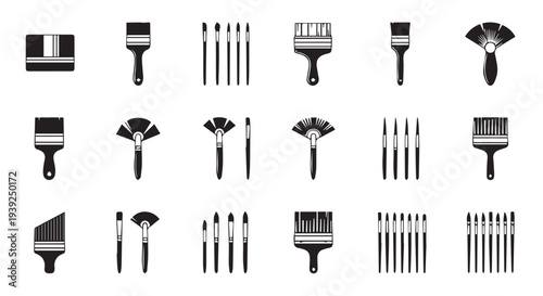 Paint Tools Icon Set, Paint Brush Roller and Palette Black Glyph Icons