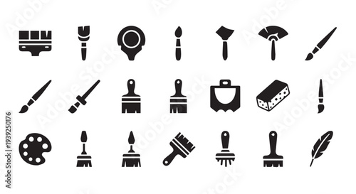 Paint Tools Icon Set, Paint Brush Roller and Palette Black Glyph Icons