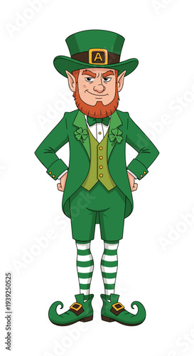 Mischievous Leprechaun Posing with Hands on Hips, St. Patrick's Day Celebration Image, Irish Folklore Character Ready to Cause Pranks and Mayhem, Cartoon Style Mascot Image, Traditional Green Outfit f
