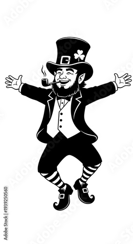 Cheerful Leprechaun Celebrating with Open Arms, Irish Folklore Character Dancing with Joy for St Patrick's Day Celebration, Cartoon Mascot Illustration in Black and White with Pipe, Festive Lucky Symb