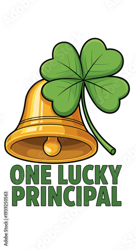 Celebrating a Fortunate Leader: Cartoon Bell and Shamrock Symbolizing One Lucky Principal in Educational Setting, Offering Appreciation and Good Fortune, Representing Dedication, Whimsy, and Professio