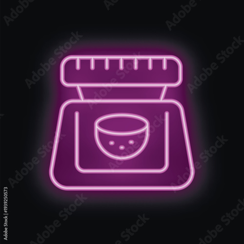 Glowing purple neon sign representing a food scale displaying a bowl, conveying a healthy eating and dieting concept