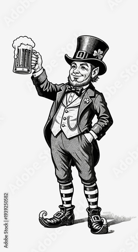 Festive Leprechaun Toasting with Beer for St. Patrick's Day Celebrations and Irish Culture Events, Hand-Drawn Graphic Illustration with Textured Style, Ideal for Holiday Greetings and Vintage-Inspired