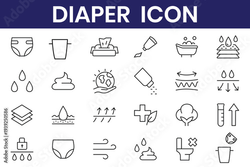 Baby diaper features vector icons set. Baby essentials linear icon set. Absorbency, leak protection, comfort fit, hygiene essentials and more.