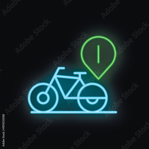 Neon icon of a bicycle with a pin showing information sign about bike sharing service