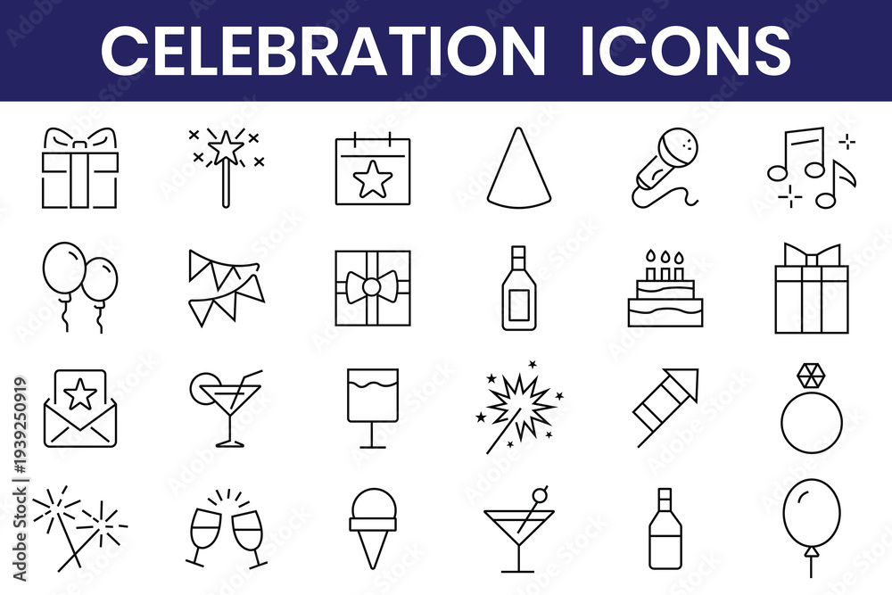 Fototapeta premium Ceremony and celebration icons set. Party line icon set. Included icons as celebrate, celebration, dancing, music, congrats and more.