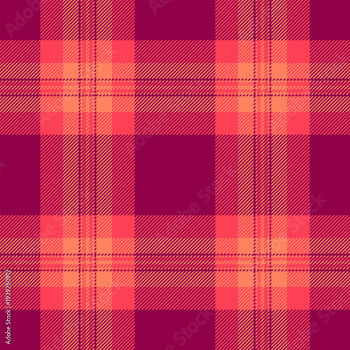 Nostalgic check plaid textile, poncho tartan texture vector. Shabby pattern fabric seamless background in red and pink colors.