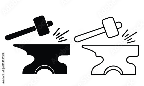 Anvil hammer icons . Blacksmith s hammer poised above an anvil silhouette representing metalworking and craftsmanship. A blacksmith s tools hammer and anvil depicted in a simple graphic style.