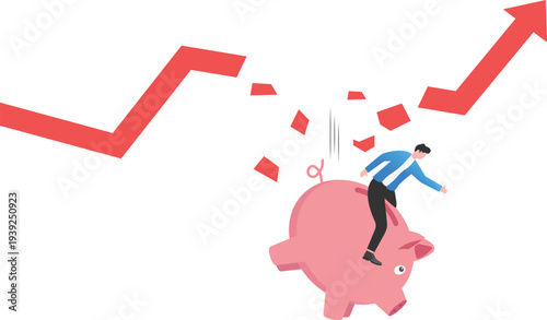 Businessman Falling from Piggy Bank on Red Chart