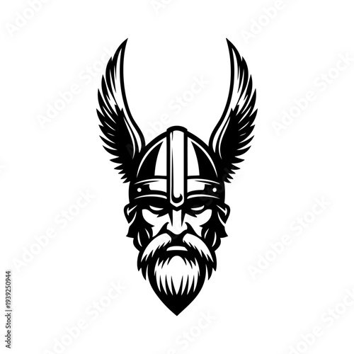 Logo vikingo nórdico. Icono con guerrero nórdico con casco bárbaro con alas de ave