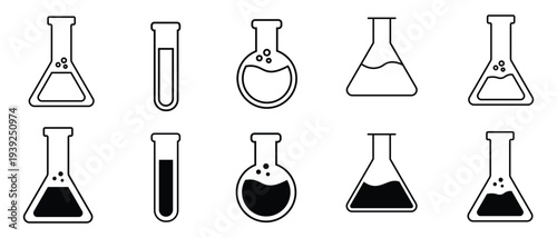conical flask or Erlenmeyer  flask vector set. laboratory chemical glassware equipment. Chemistry beaker icon set for laboratory research and education. Vector illustration