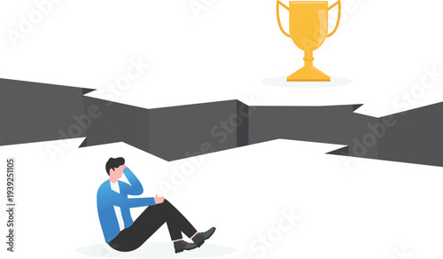 Businessman Sitting Sad Before Trophy across Chasm