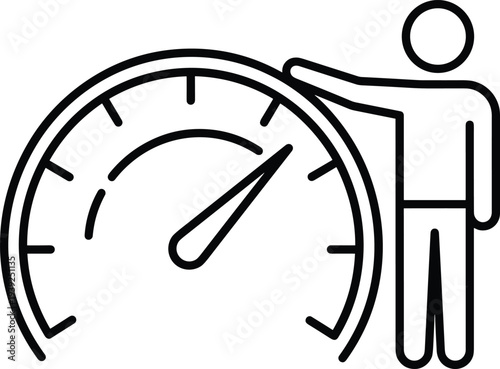 A person standing next to a large speedometer gauge with a needle pointing to a certain speed limit