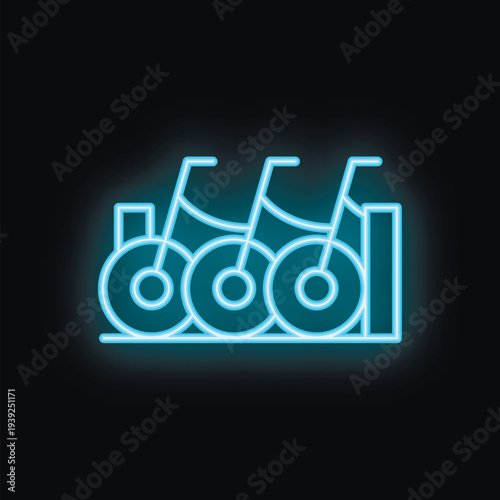 Blue neon sign depicting stationary bikes in a row on black background, ideal for fitness and workout concepts
