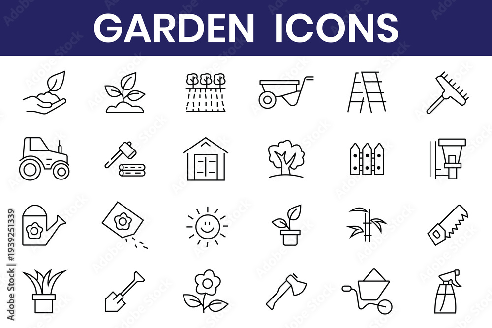 Fototapeta premium Gardening, flowers, icons. Garden web line icon set. Containing plant, flowers, trees, watering can, fence, cultivate and gardening icons. Vector illustration.