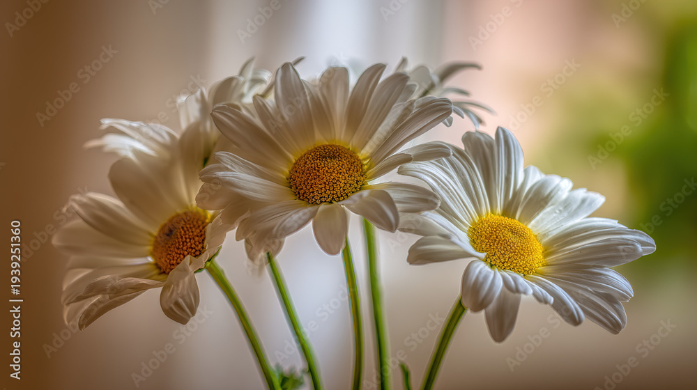 Naklejka premium Cluster of fresh daisies with white petals and yellow centers in soft directional light. 