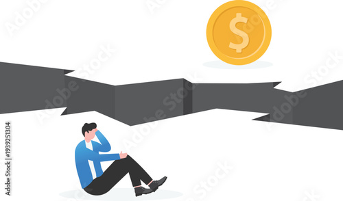 Businessman Sitting Sad Before Gold Coin across Chasm