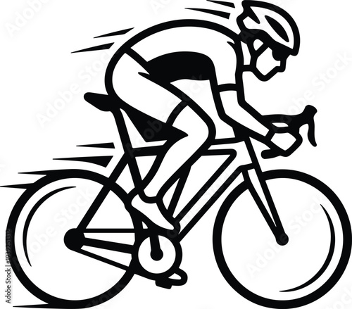 A black and white illustration of a cyclist riding a bicycle quickly