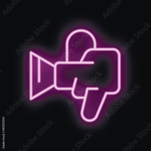 Glowing purple neon icon of a video camera with a thumbs down dislike symbol
