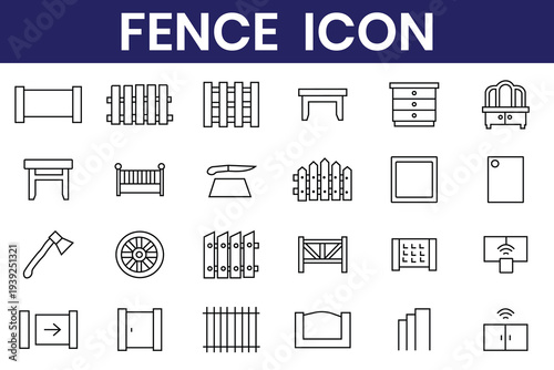Fence icons set isolated on white background. Garden fence icons set. Outline set of garden fence vector icons. chain-link, wood, blinds panels, masonry, artistic forging metal gates  guardrail.