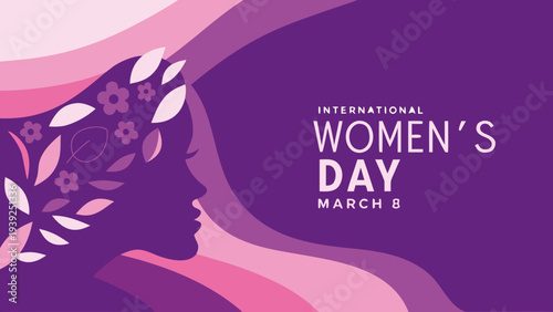 Strong female silhouette with flowers for international women's day on march 8 purple background