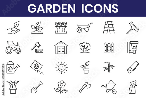 Gardening, flowers, icons. Garden web line icon set. Containing plant, flowers, trees, watering can, fence, cultivate and gardening icons. Vector illustration.