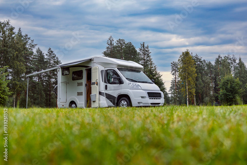 Family vacation travel RV, holiday trip in motorhome, Caravan car Vacation. Beautiful Nature Norway.