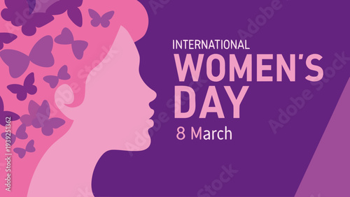 International women's day profile illustration with butterflies on purple background for march 8th celebration