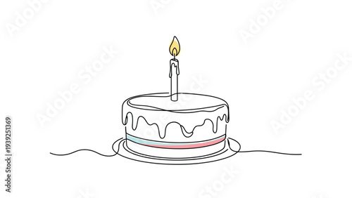 Elegant one-line continuous drawing of a classic birthday cake with lit candle and dripping frosting, perfect for minimalist celebration designs.