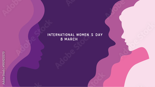 Diverse women silhouettes in purple pink shades celebrating international women's day on march 8th with solid background