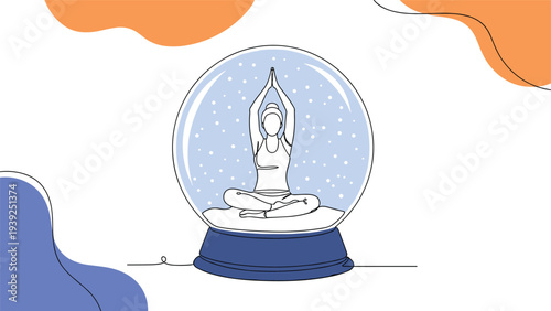 Serene one-line art illustration of a woman in a lotus position meditating inside a snow globe, with snowflakes falling gently around her.