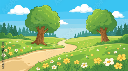 A serene landscape with a winding dirt road through a green field with trees and colorful flowers under a blue sky with fluffy clouds