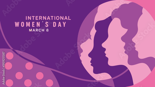 Diverse female silhouettes celebrate international women's day on march 8 with purple and pink hues and global empowerment theme