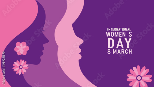 Elegant female silhouettes in purple and pink hues celebrate international women's day on march 8th with floral accents